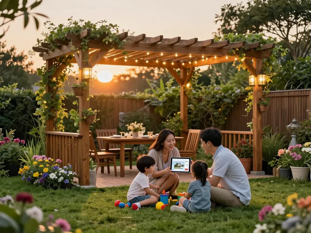 Family using an online pergola configurator while enjoying their garden space.