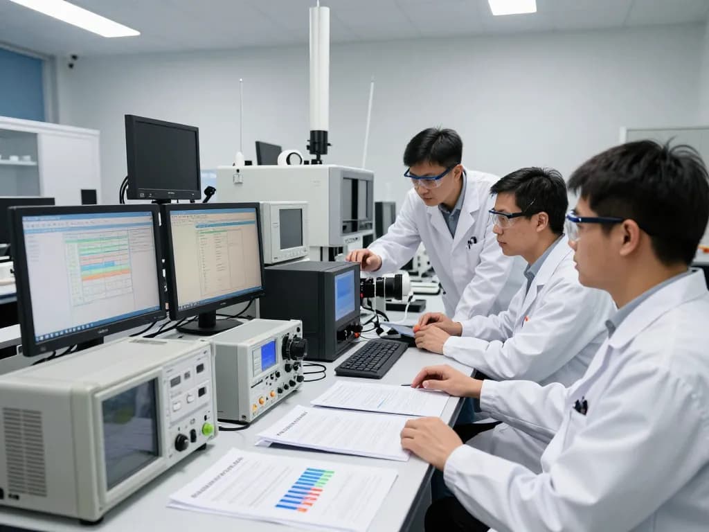 Engineers conducting EMC testing for ISED compliance in a high-tech lab.