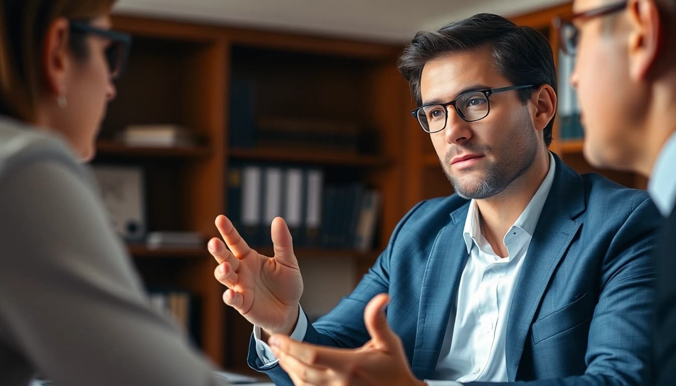 Clearwater truck accident lawyer advising a client with a professional demeanor in an office setting.