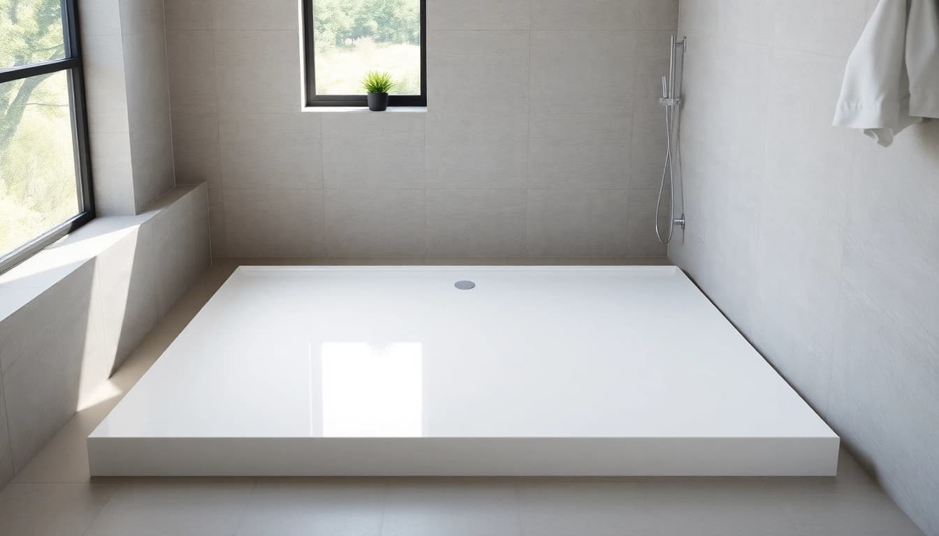 Showcase the 800 x 800 shower base in a stylish bathroom, highlighting its modern design and texture.