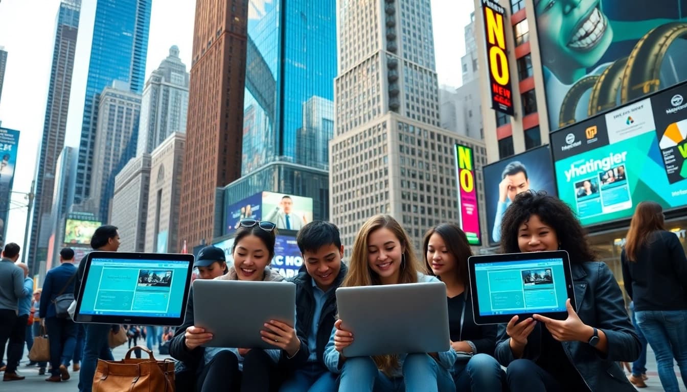 NYC website development professionals collaborating in a vibrant city setting.