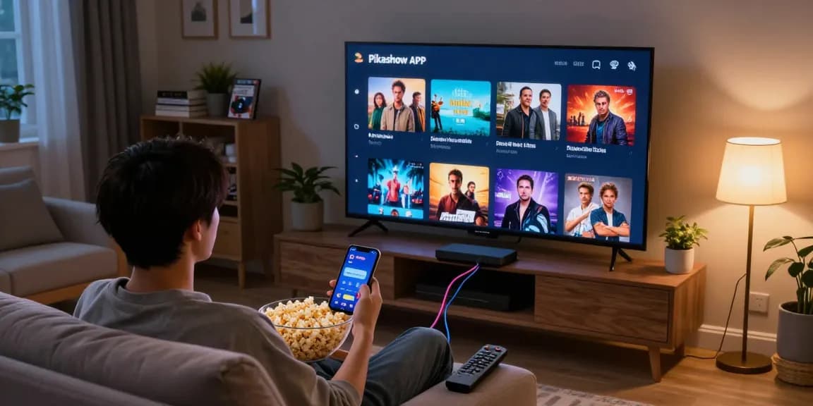 Pikashow APK interface displayed on a TV in a cozy living room setting with popcorn and smartphone.
