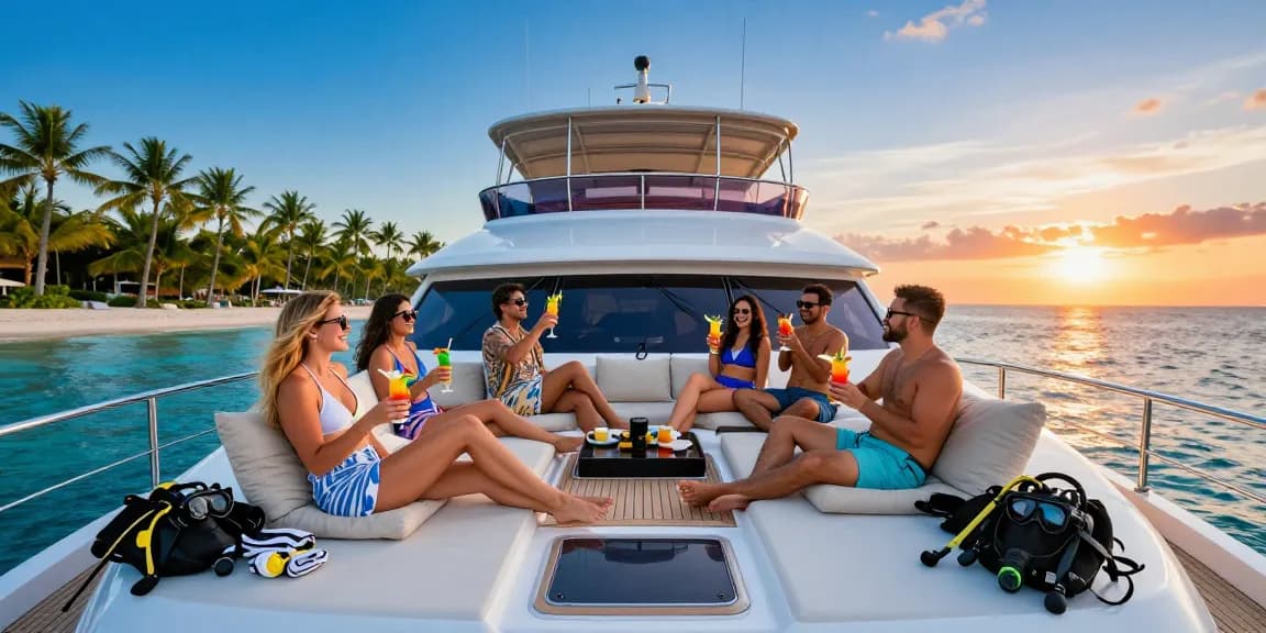 Punta Cana yacht rental experience with friends enjoying drinks and sunset on a luxurious yacht.