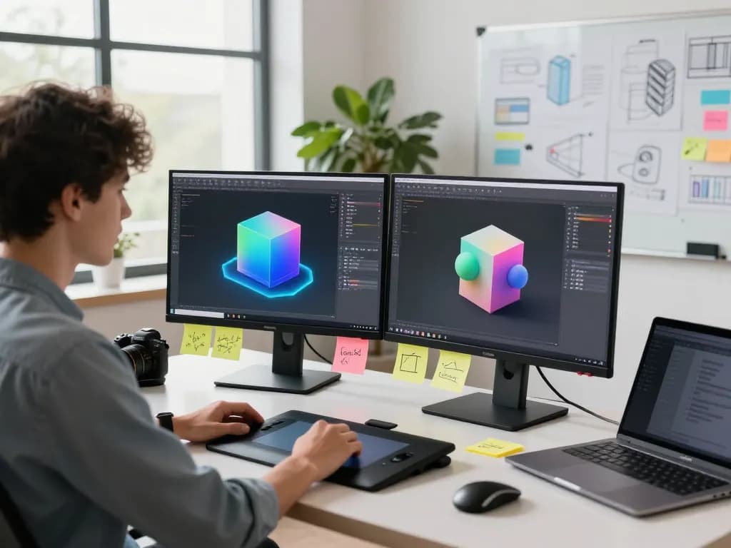 Innovative Text to 3D workspace with designer creating 3D models using tech tools and vibrant displays.