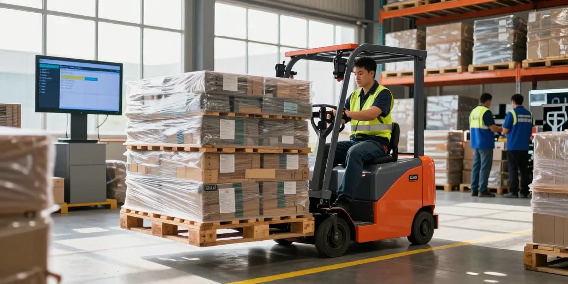Highly efficient electric pallet truck for sale operated by an expert in a busy warehouse environment, showcasing modern material handling and productivity.