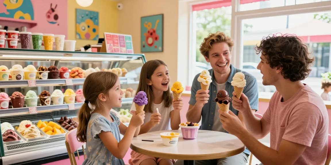 Delightful family enjoying vibrant rokok88 ice cream cones in sunny parlor atmosphere.