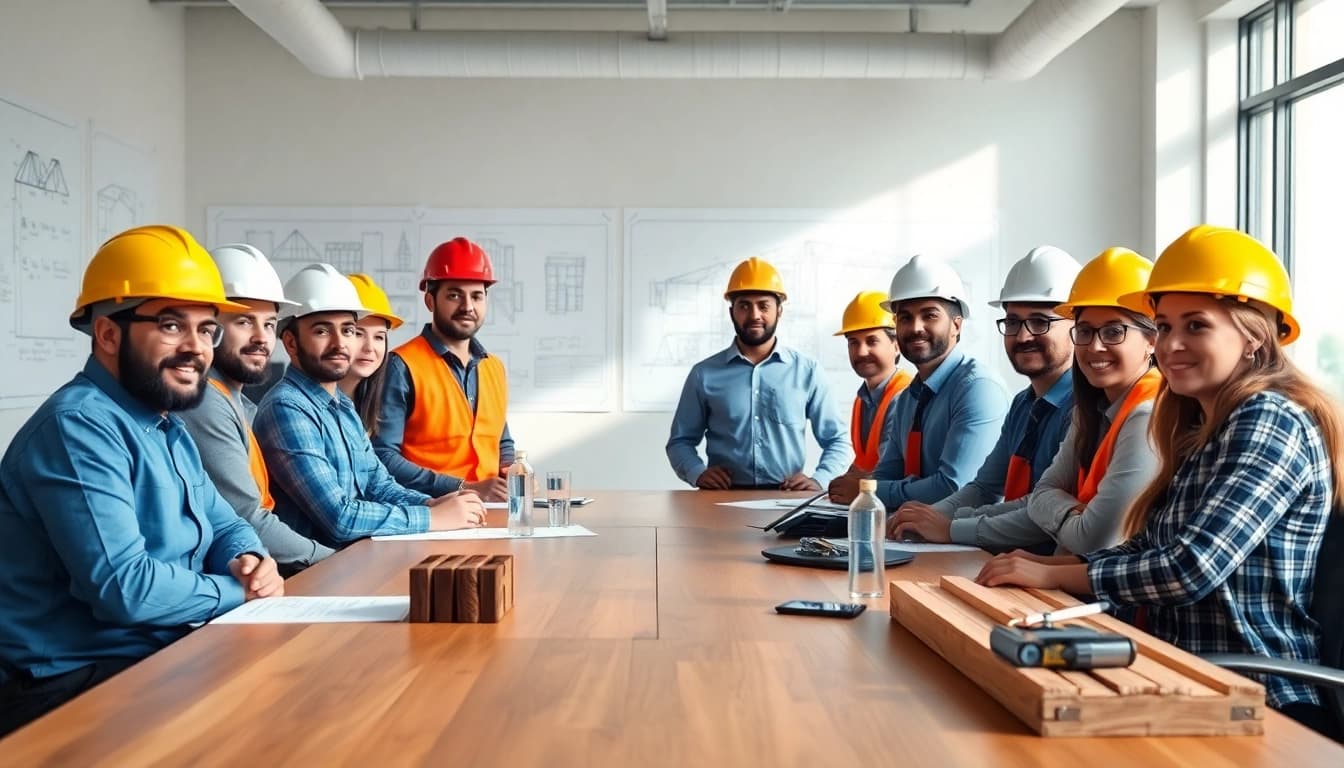 Construction member organization professionals collaborating in a bright conference room, showcasing teamwork.