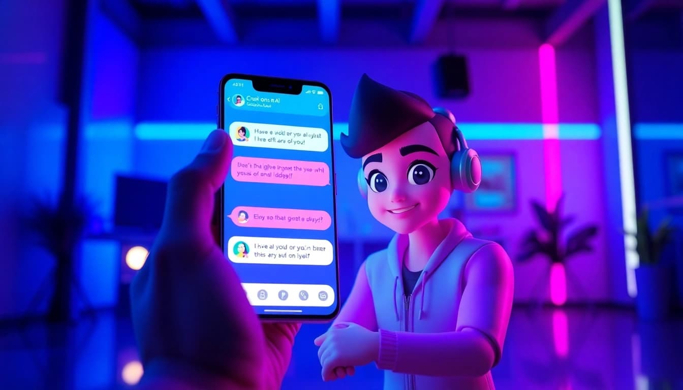 Crush on ai virtual chat interface with animated character engaging users.