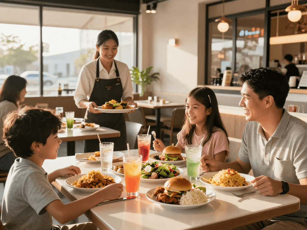 Family enjoying a meal at ROKOK88 with delicious food and joyful atmosphere.