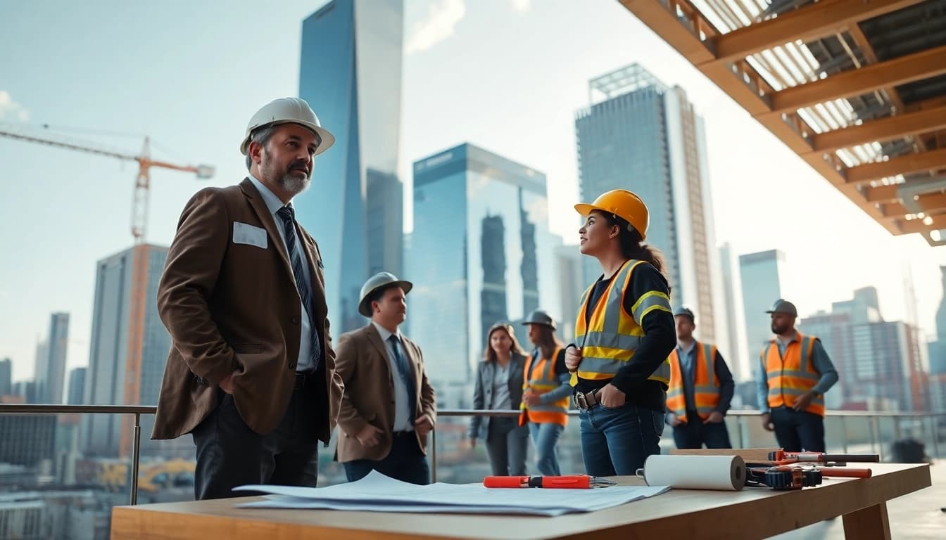 Manhattan Commercial General Contractor managing a diverse team in a lively construction workspace.
