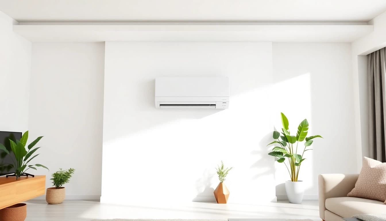 Mitsubishi mini split AC efficiently cooling a modern living room with stylish decor.