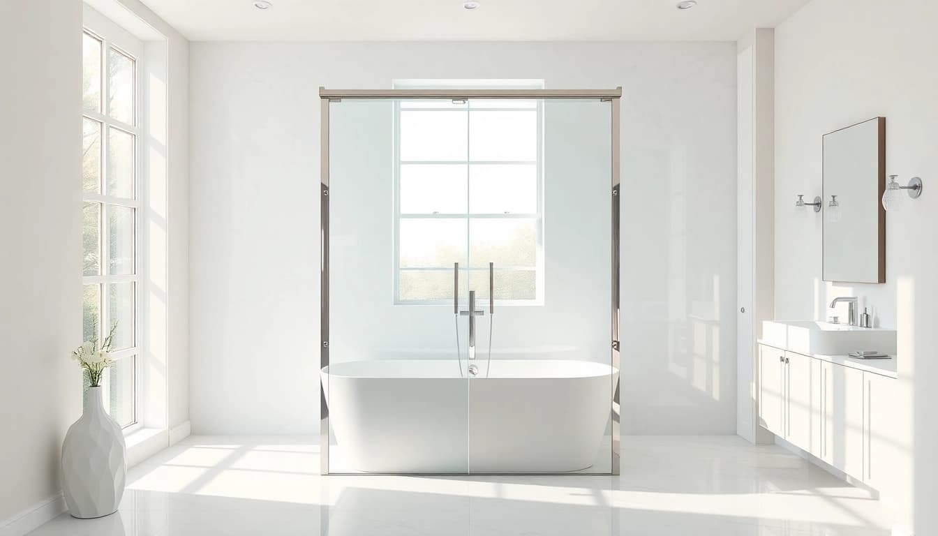 Stylish shower doors sliding in a modern bathroom, offering a sophisticated touch with sleek design.