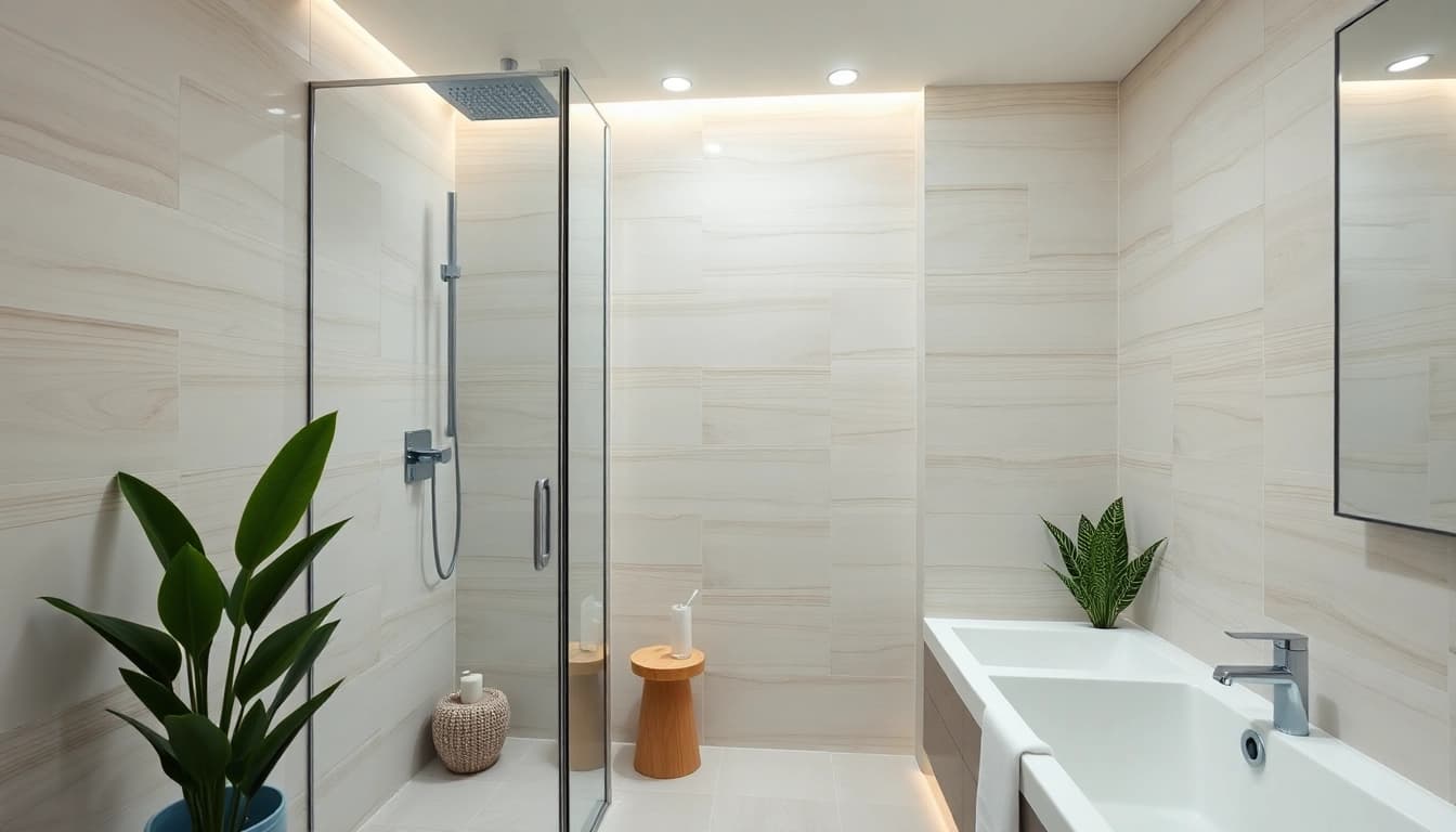 Experience elegant showers au in a luxurious modern bathroom with a spacious glass shower setup.