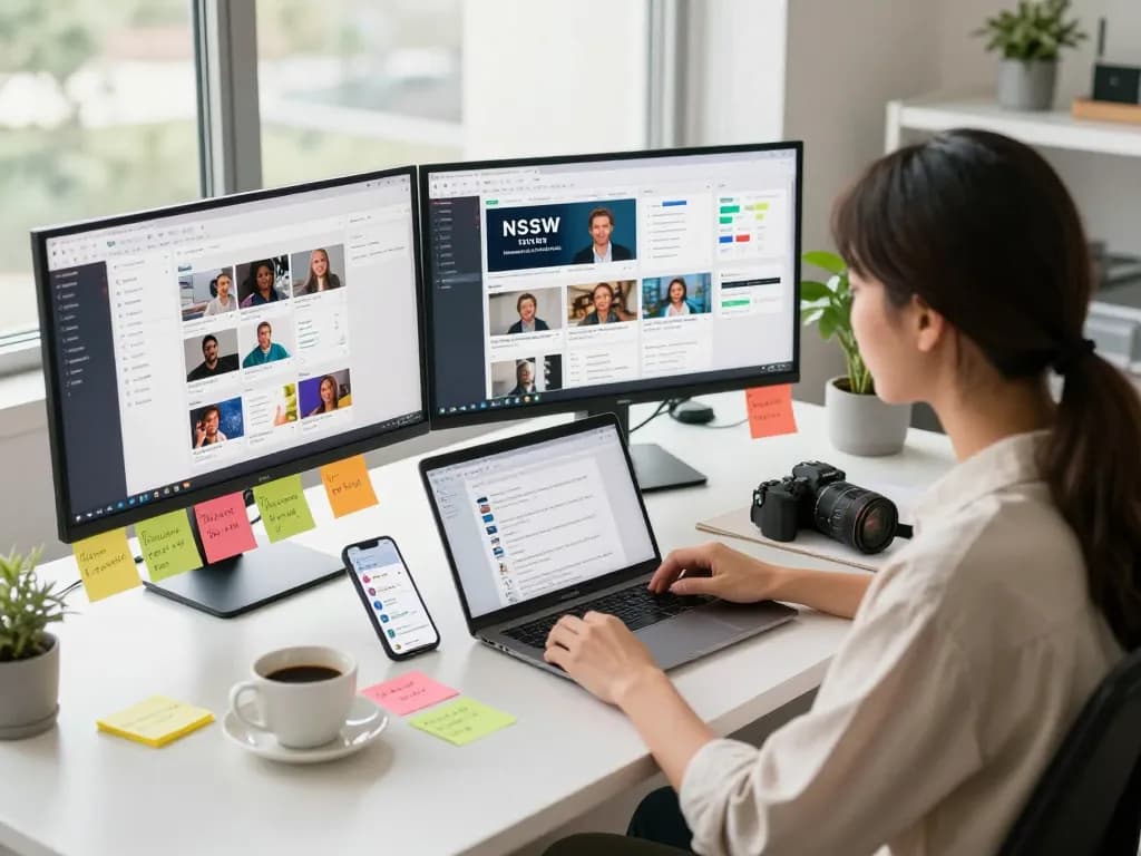 Digital marketer analyzing NSFW content strategies in a vibrant office setting