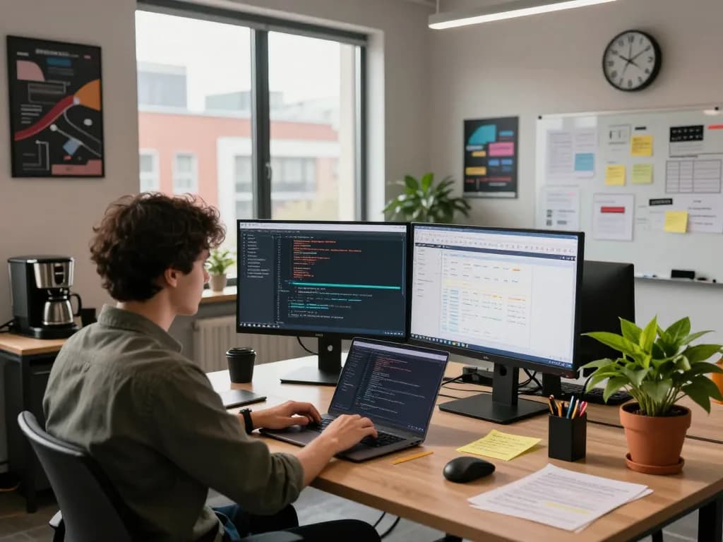 Developer programming with WPS software on dual monitors in a modern office.