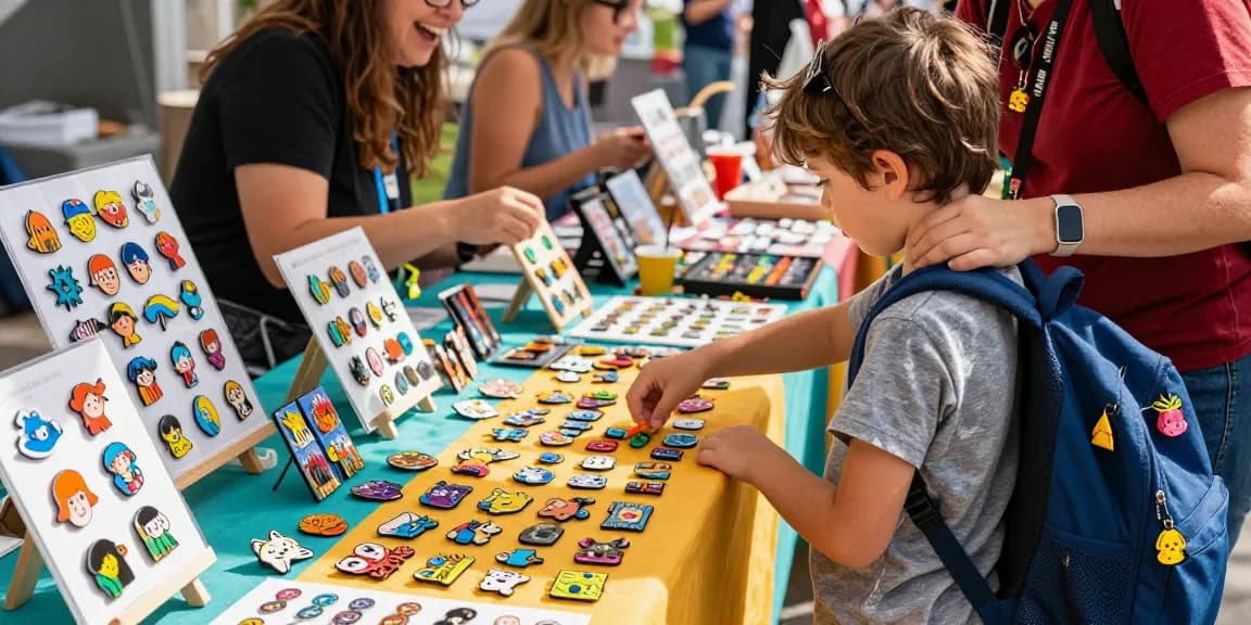 Custom acrylic pins on display at a vibrant market, showcasing unique designs and colorful merchandise.
