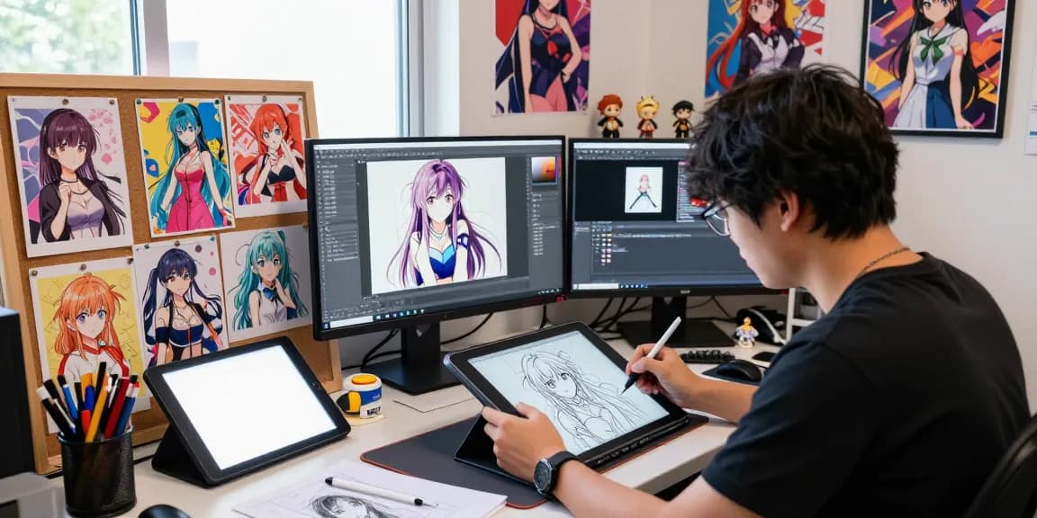 A creative artist at work sketching ai ecchi characters in a colorful studio filled with anime culture.