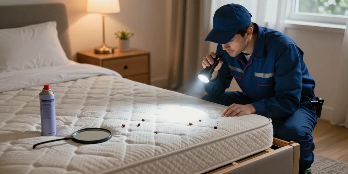 Professional bed bug pest control service inspecting bedroom for hidden infestations