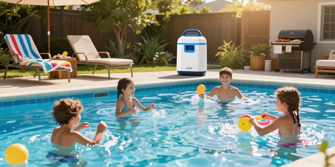 Best Pool Chlorinators in Australia with sunny backyard scene featuring a family enjoying their pool