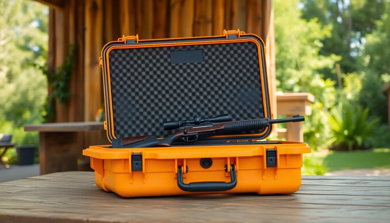 Explore a pelican gun case for sale showcasing rifles and durable design in a natural outdoor setting.