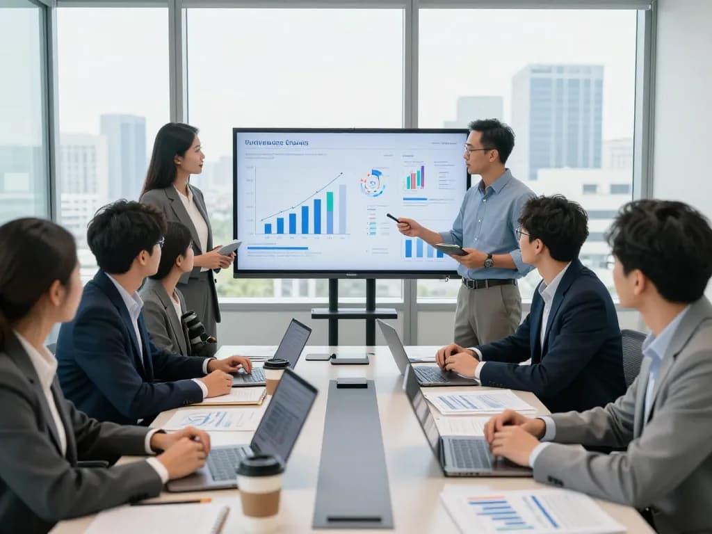 Investment professionals engaged in venture capital funding strategy session in a modern office setting