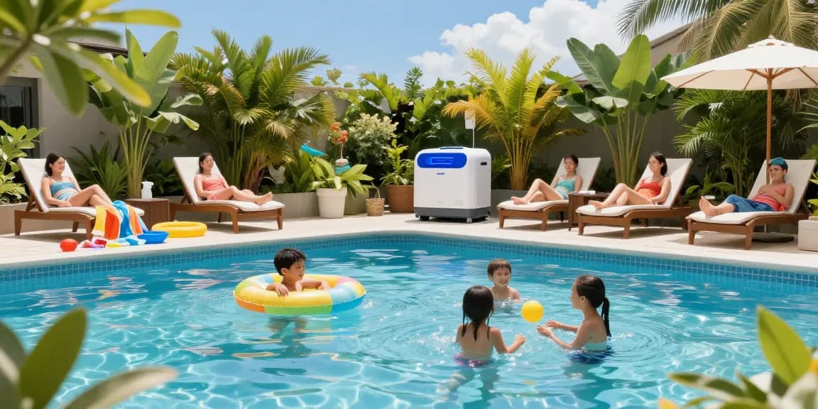 Best chlorinator for inground pools in a sunny family backyard, showcasing K-Chlor unit.