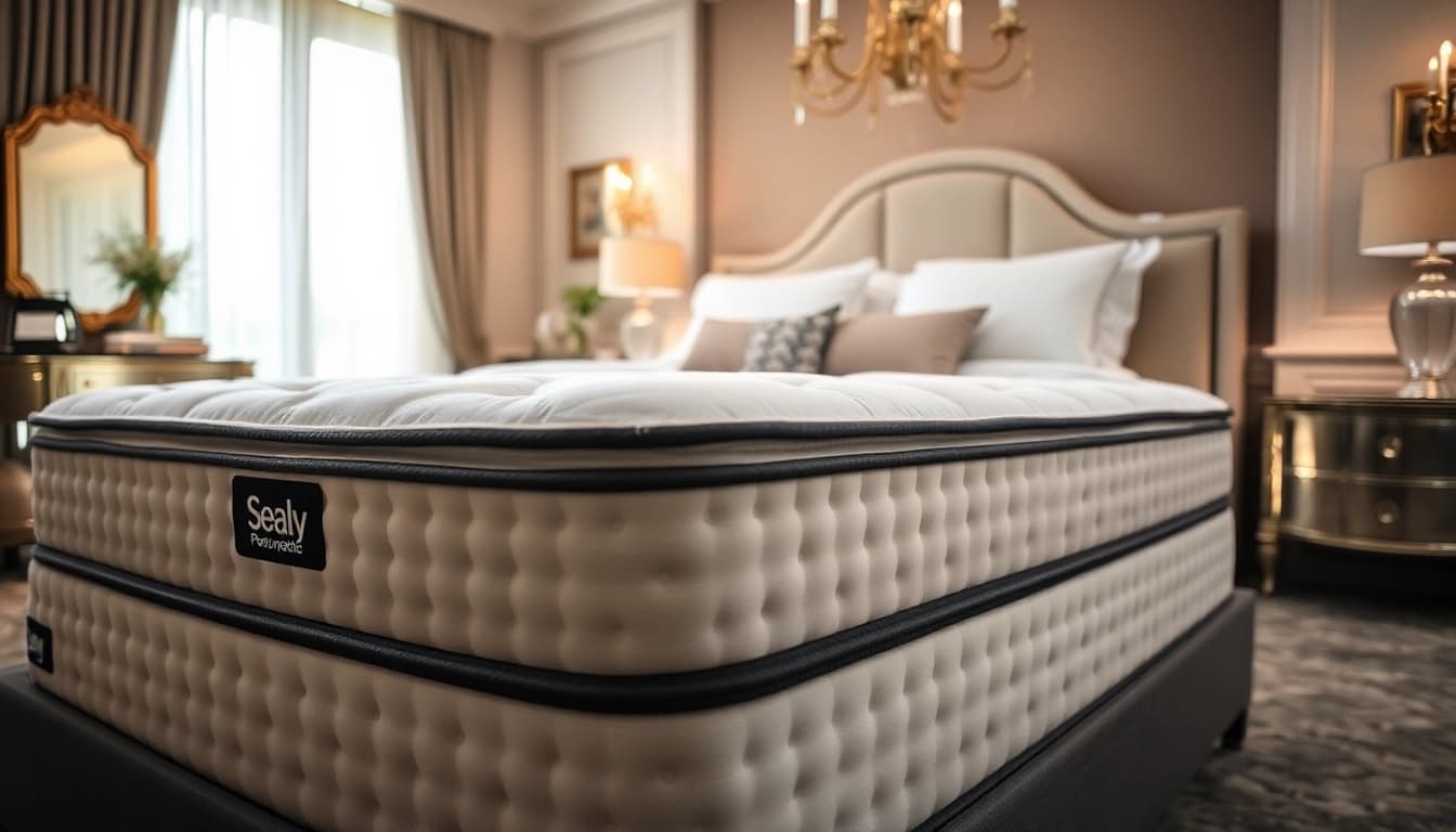 Experience comfort on a Sealy Posturpedic mattress in a stylish bedroom environment.
