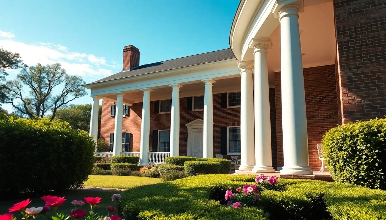 Colonial home construction featuring white columns and vibrant garden, bathed in soft natural light.
