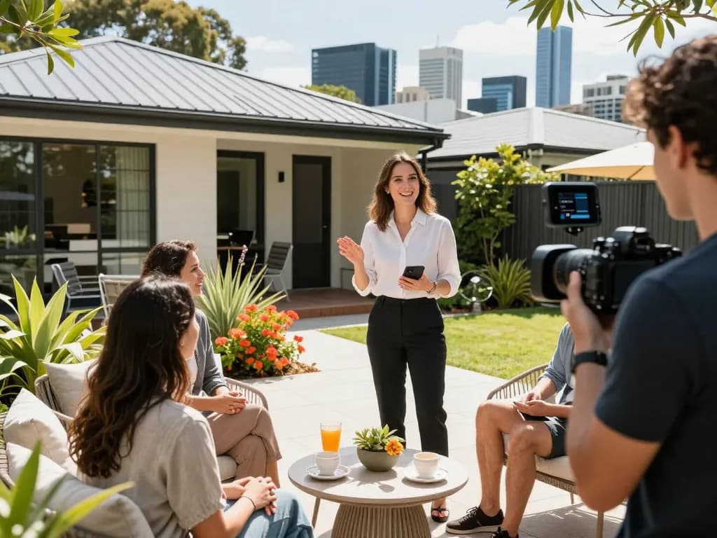 airbnb management melbourne with a property manager engaging guests on a sunny patio.