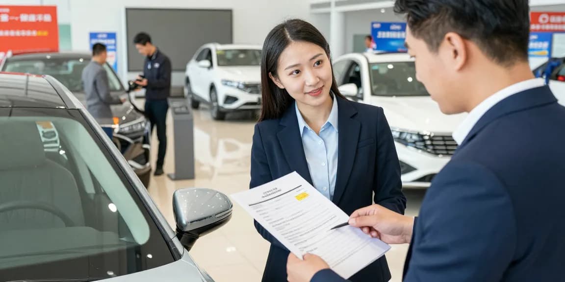 Best car history check UK displayed prominently as car buyers inspect vehicles at a dealership.