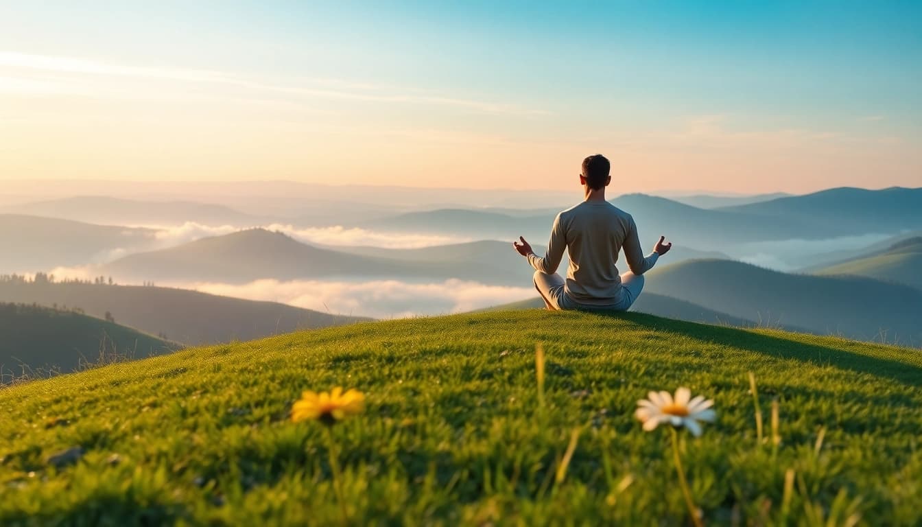 Embracing mental wellness through meditation in a peaceful sunrise landscape.