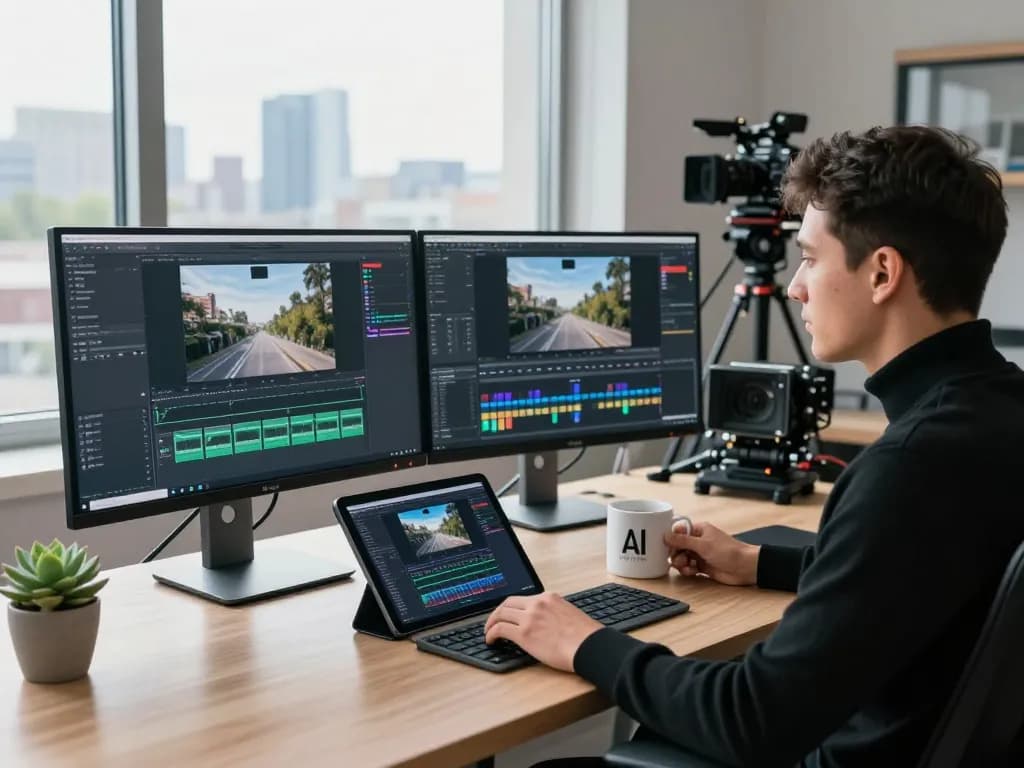 Motion control AI workspace with specialist analyzing images and video, showcasing advanced technology.