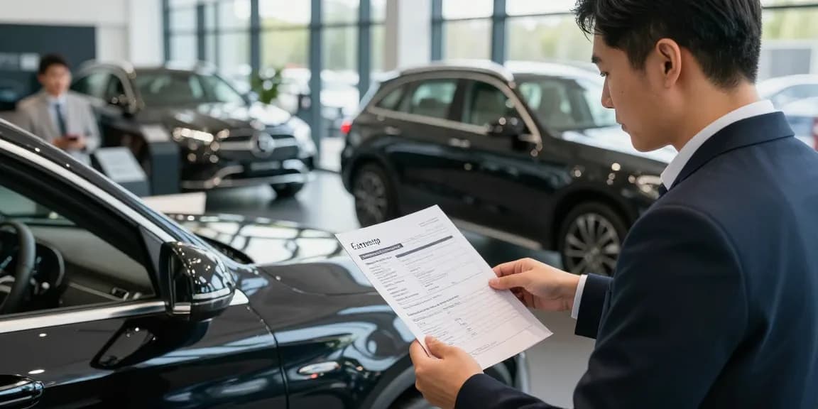 Best car history check UK in action at a dealership, prospective buyer reviewing transparent vehicle history report.
