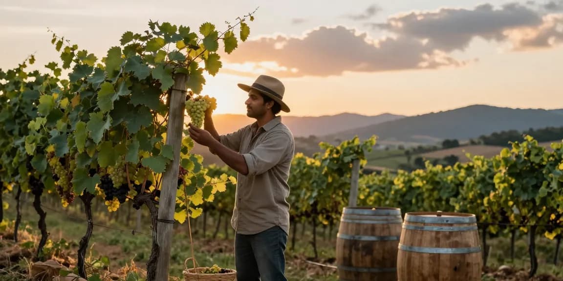 Indian American wine maker inspecting grapes in a sunset vineyard setting.