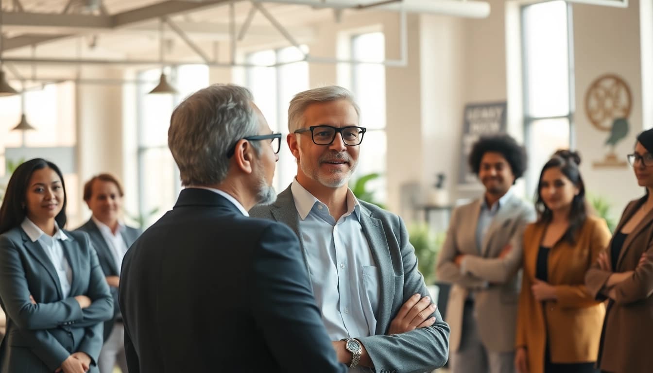 Corporate coach actively facilitates a workshop with executives in an engaging office environment.