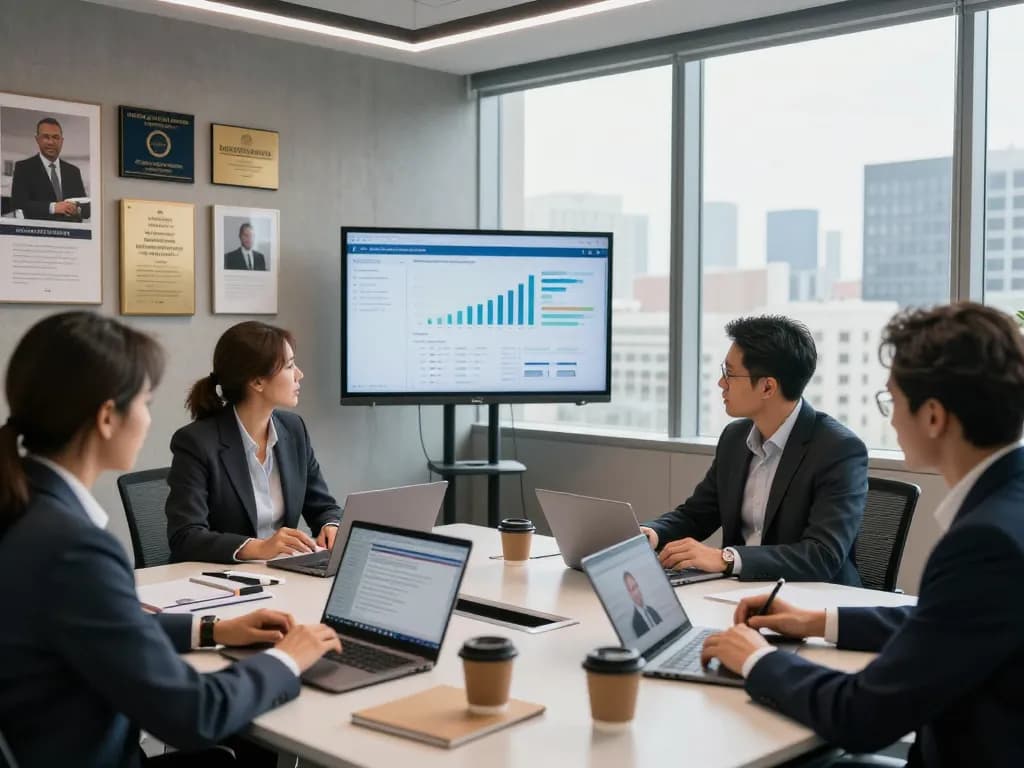 Collaboration among search firms professionals reviewing candidate data in a modern conference room
