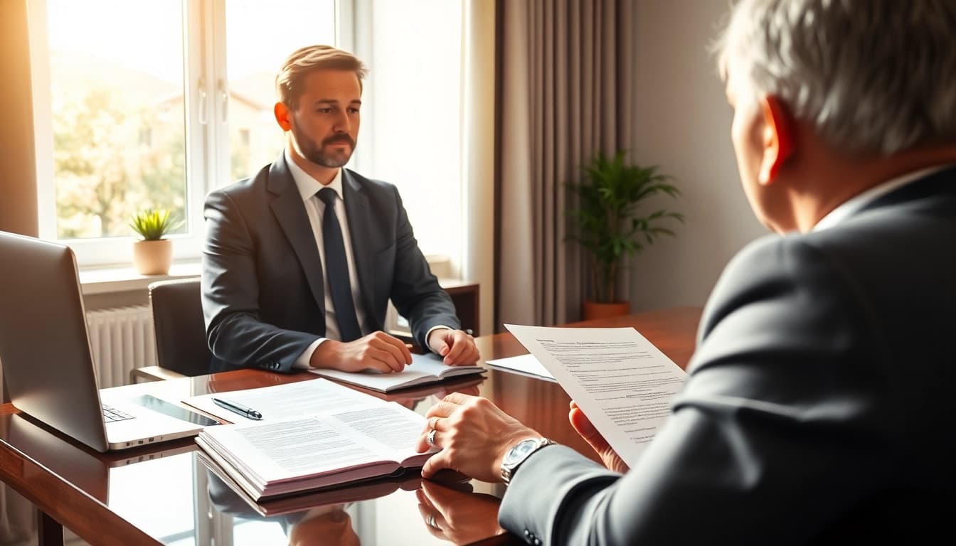Client receiving guidance on Enduring Guardian processes from a lawyer in a bright office.