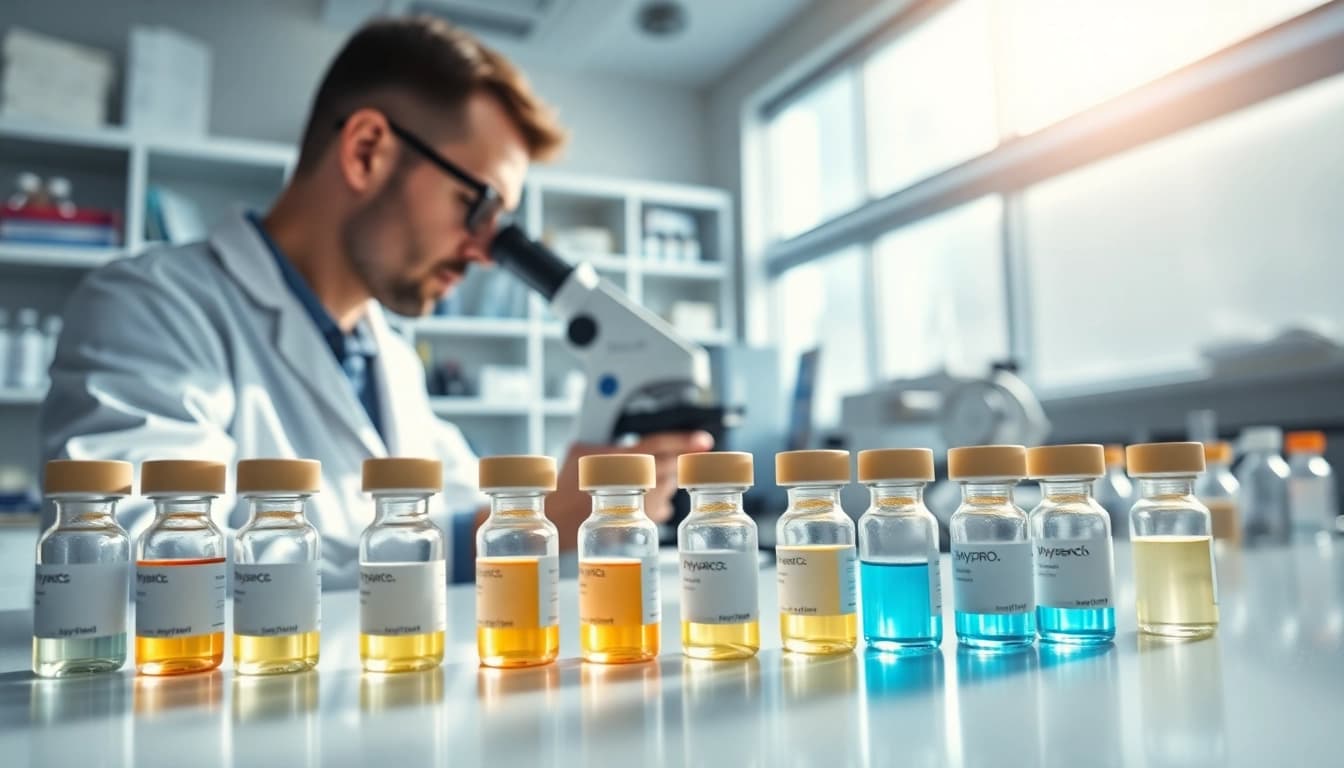 Discover hydro research peptides in a sophisticated lab environment highlighting scientific analysis.