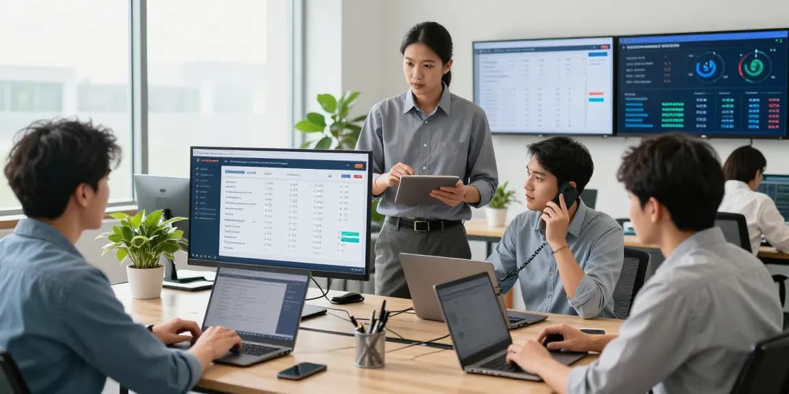 Field service management software in use by a service manager coordinating tasks with team members in a bright office.