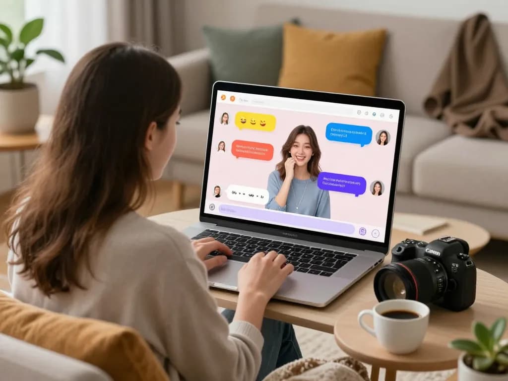 Engaging scene of a user chatting with an AI girlfriend in a cozy living room, showcasing the interactive companionship of ai gf.