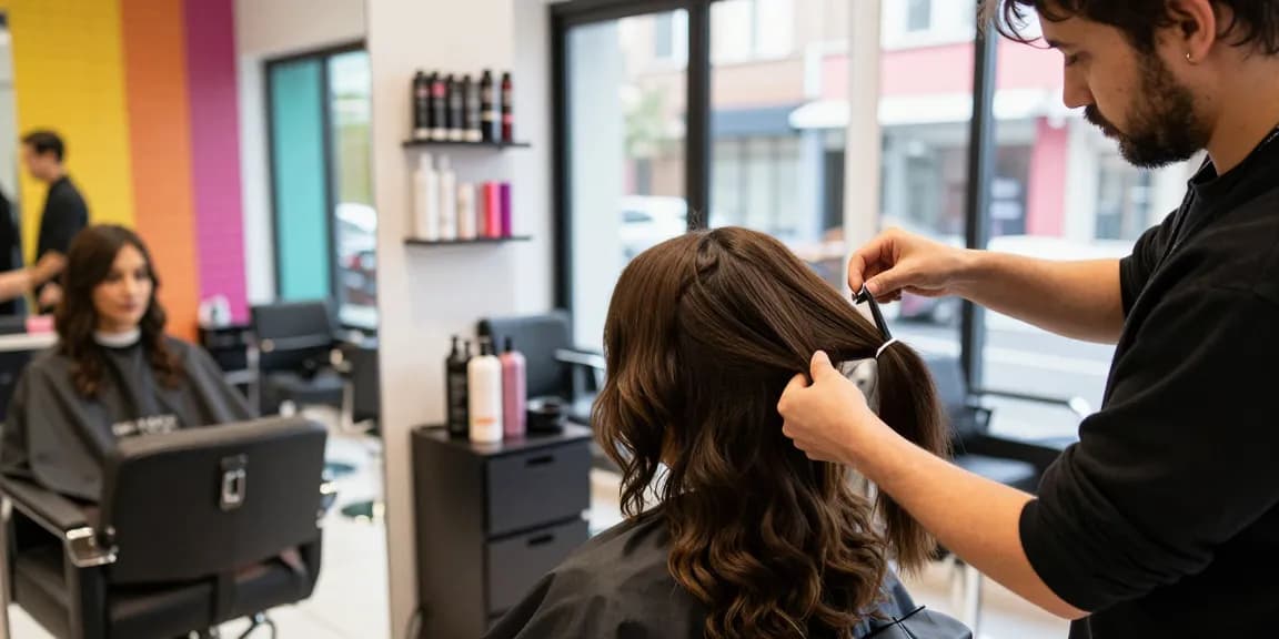 Hair style trend transformation with expert stylist adding extensions in a chic salon.