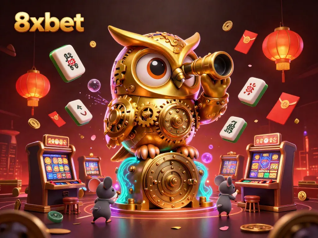 Experience rich casino action with the lively 8xbet owl overseeing a bustling floor filled with games.