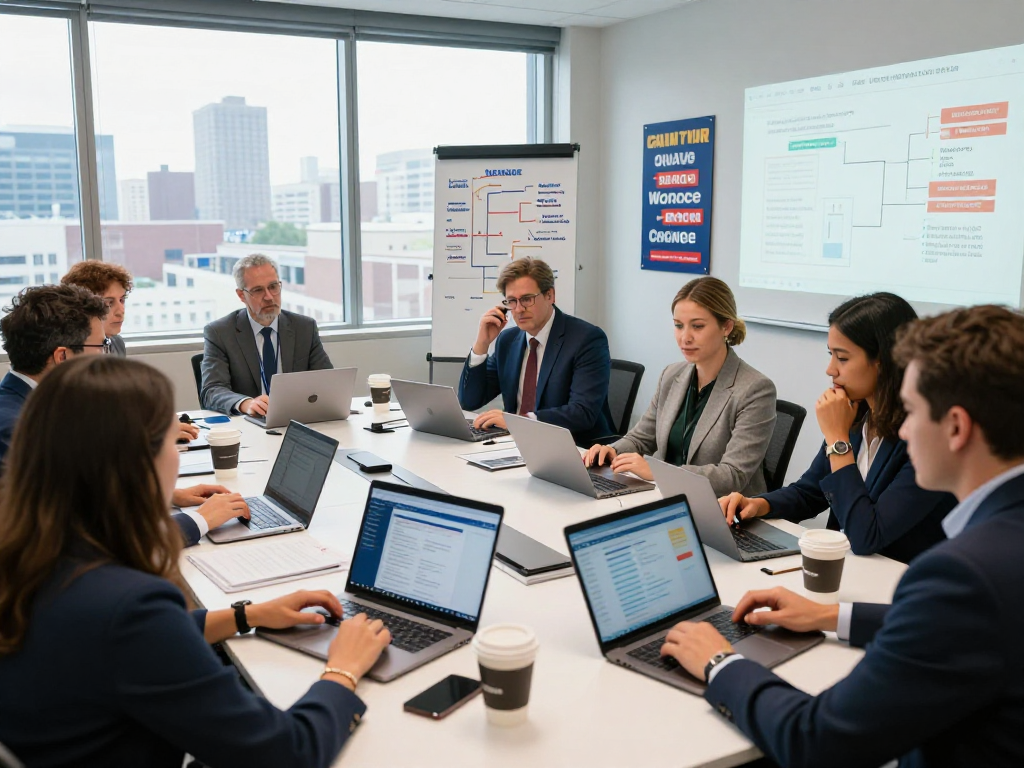 Collaboration in a strategy session at an issue advocacy campaign agency with diverse professionals analyzing voter data.