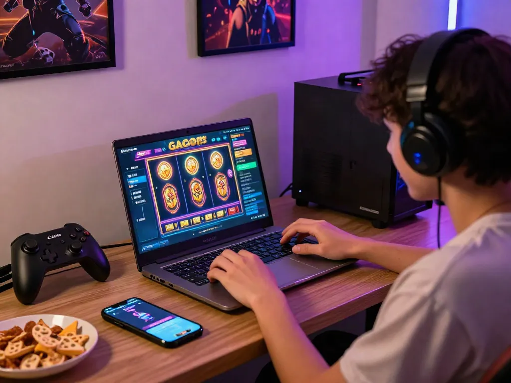 Engaging player immersed in slot gacor games on a stylish laptop in a cozy gaming setup.
