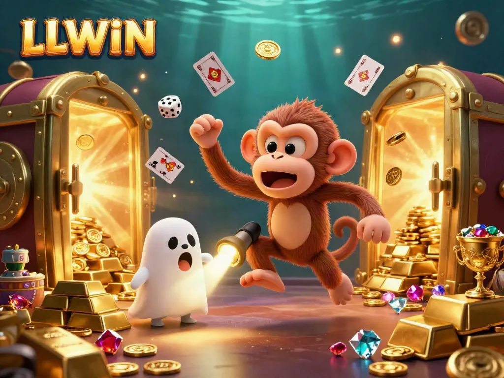 LLWIN's energetic casino scene with a playful ghost-hunter puppy and a juggling monkey in a vibrant setting.