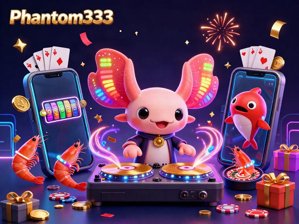 Experience the vibrant world of Phantom333 with a neon axolotl DJ and lively sea creatures in a casino-themed scene.