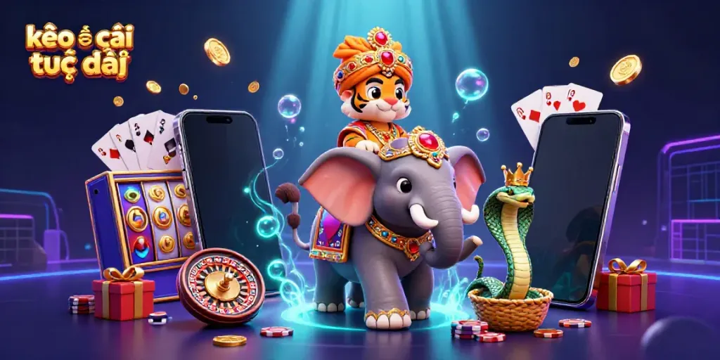 Experience kèo nhà cái trực tiếp with engaging visuals of dynamic gambling elements and characters.