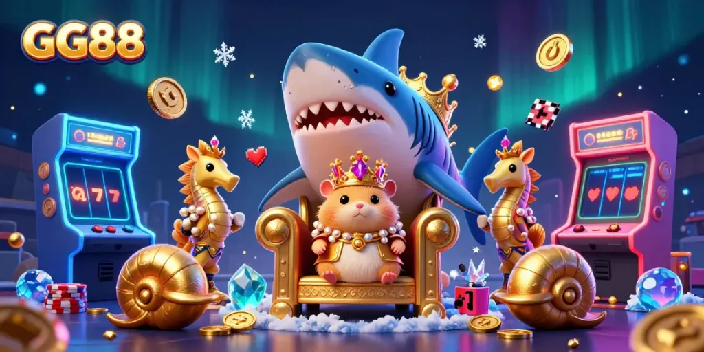 Experience GG88 with a regal hamster king on a throne amidst vibrant casino game elements.