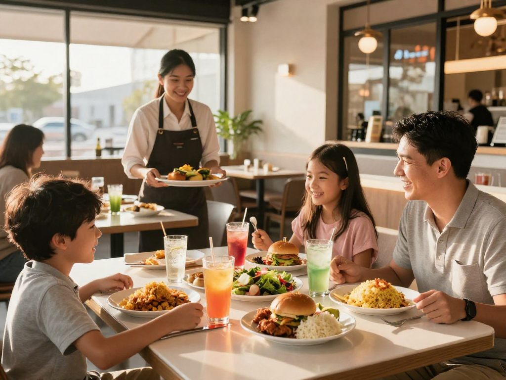 Family enjoying a meal at ROKOK88 with delicious food and joyful atmosphere.