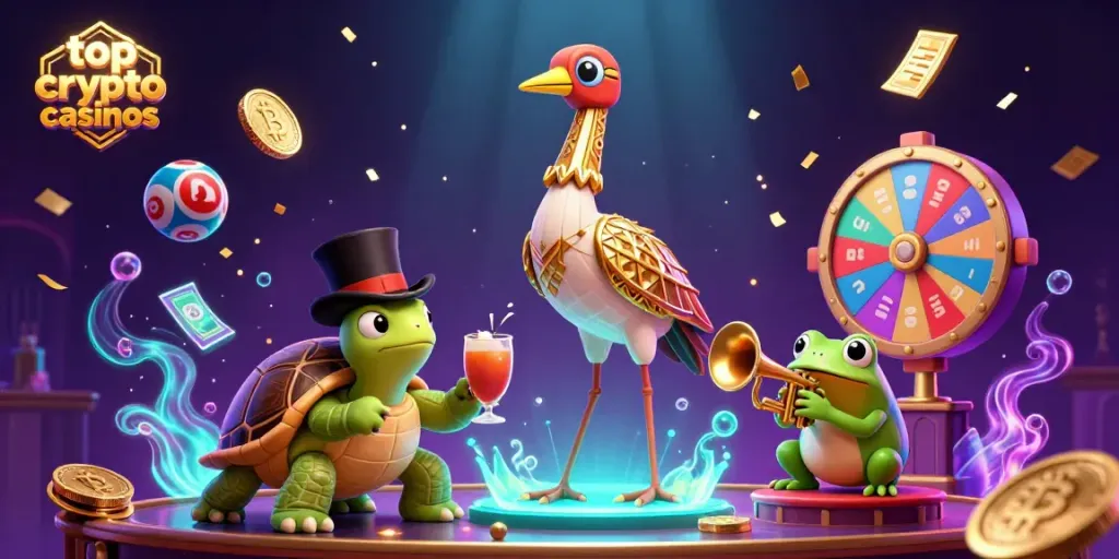 Engage with top crypto casinos featuring vibrant characters, tokens, and gaming elements in a wild scene.